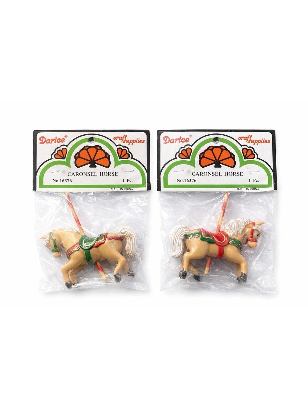 Vintage Darice Carousel Horse Figurines Lot of 2 NOS Red & Green Saddle Craft